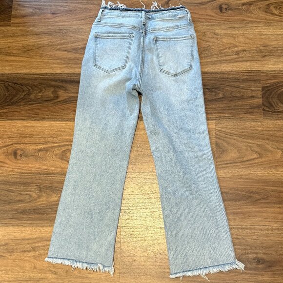 Risen High Rise Crop Flare Jeans Womens 5 Light Wash Frayed Hem Denim - Picture 6 of 7